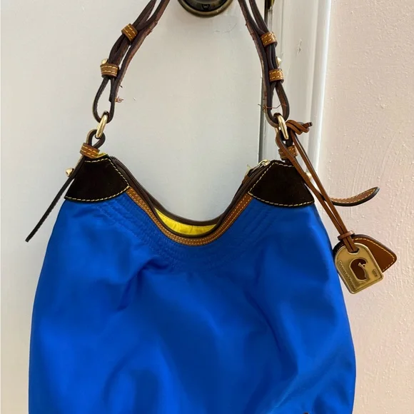 Dooney & Bourke Large Erica Top Handle Shoulder Bag Leather Trim Blue Gold - Picture 3 of 4